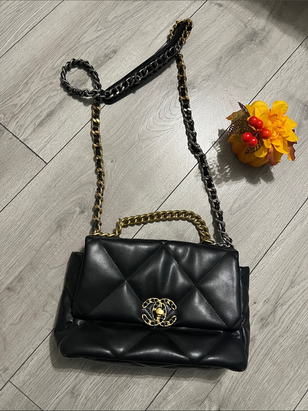 Black Quilted Shoulder Bag with Gold Chain Handle
